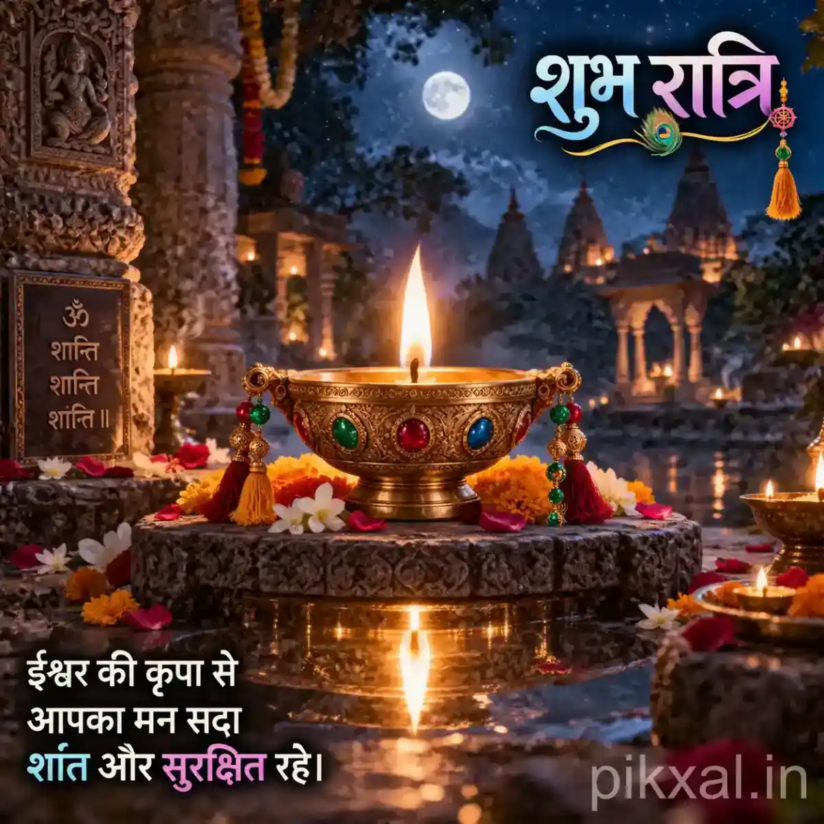 Ornate brass diya decorated with flowers and colorful beads on a temple altar under the moonlight