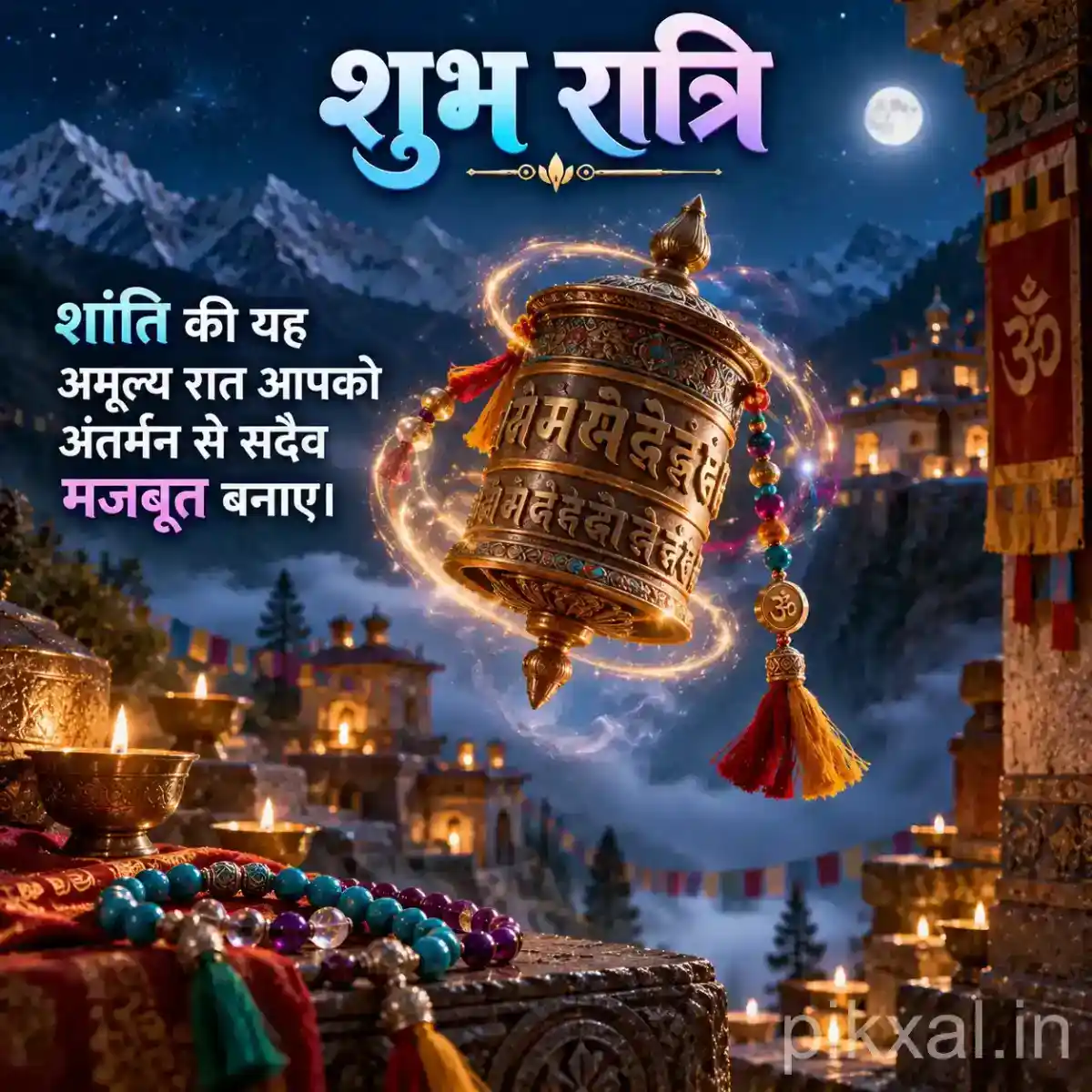 Large decorated temple bell floating above a flower-covered shrine with glowing spiritual light