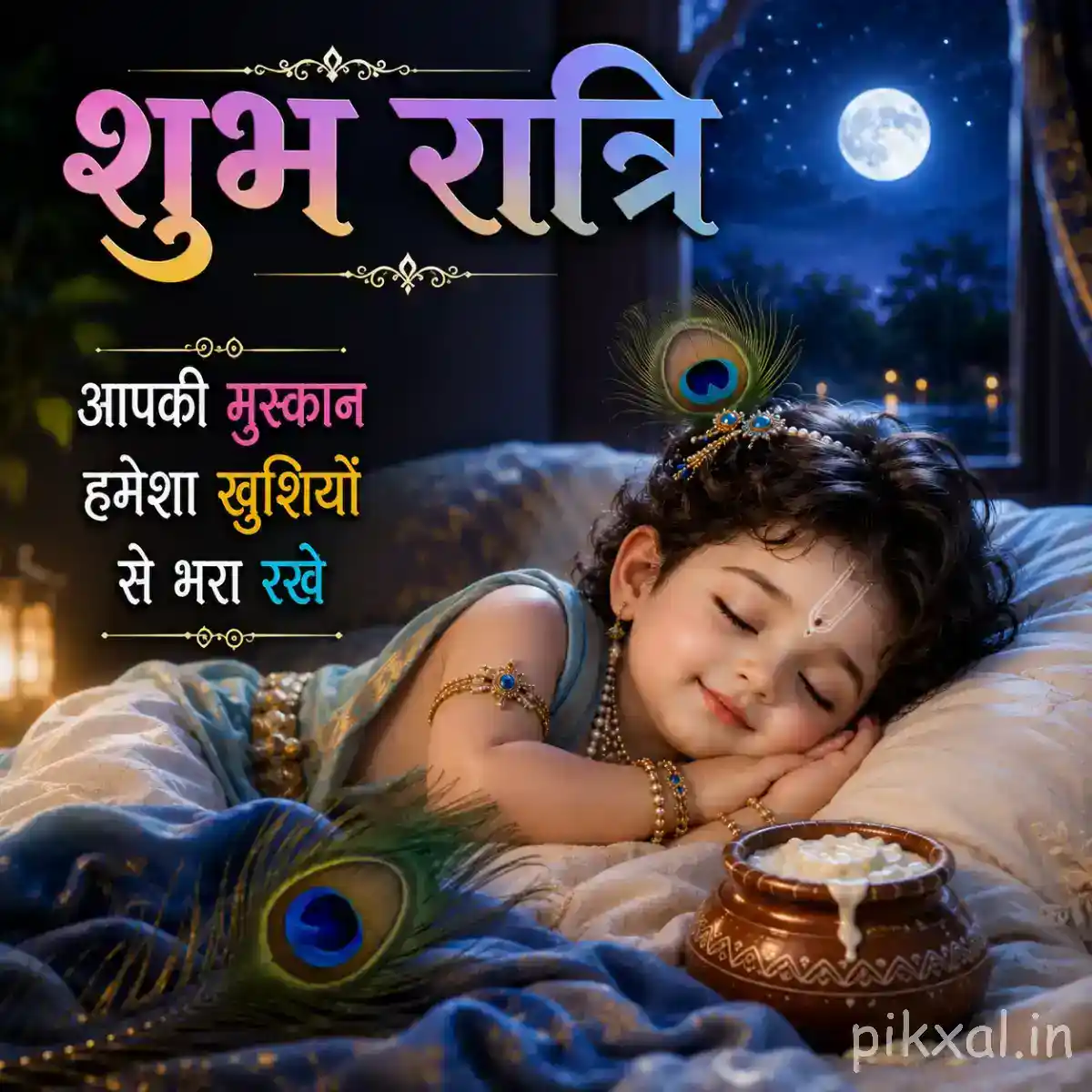 Good Night Bal Krishna Images with sleeping Bal Krishna resting beside a small decorated pot and peacock feather.