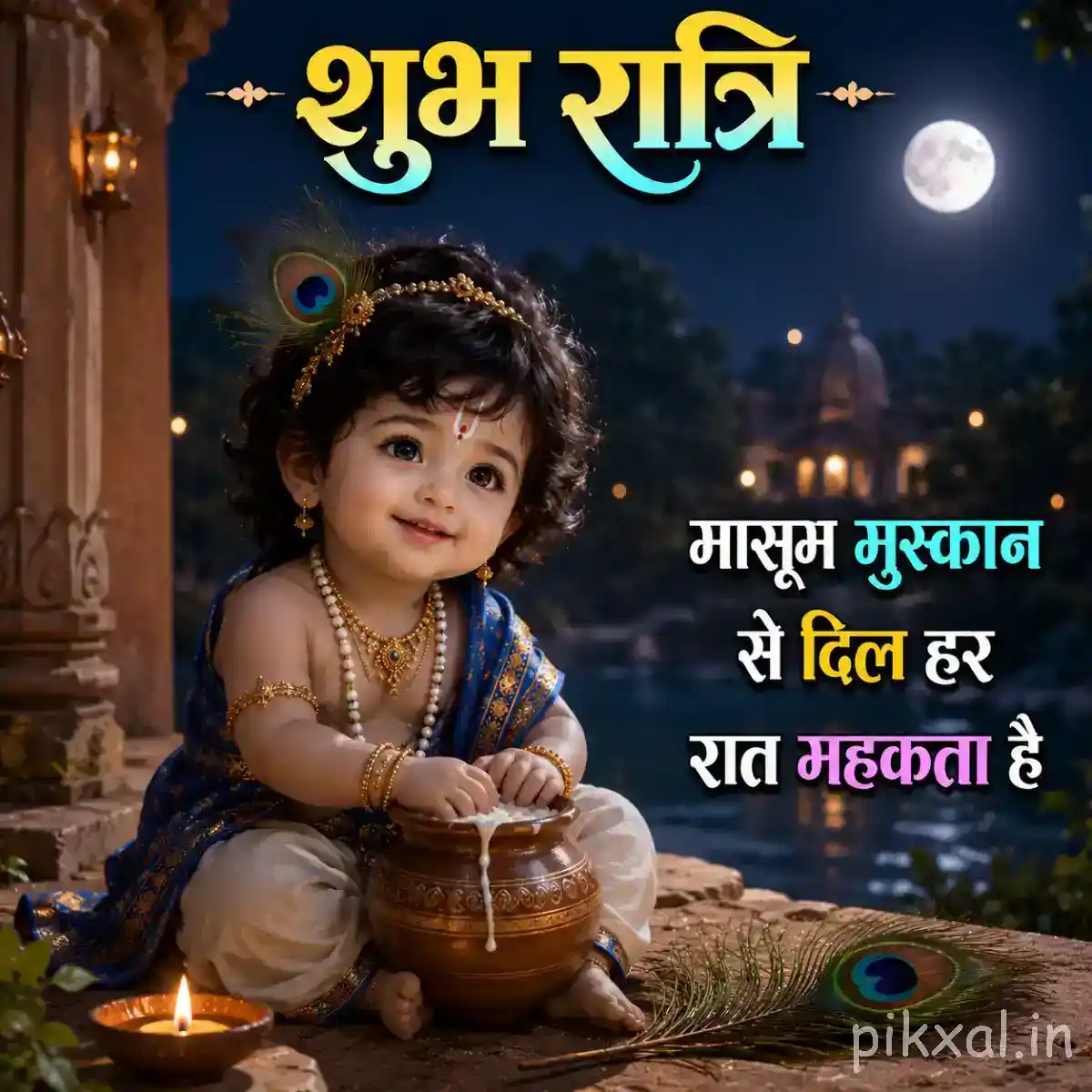 Bal Krishna sitting beside a butter pot with a gentle smile, surrounded by warm lamps and a peaceful night setting.