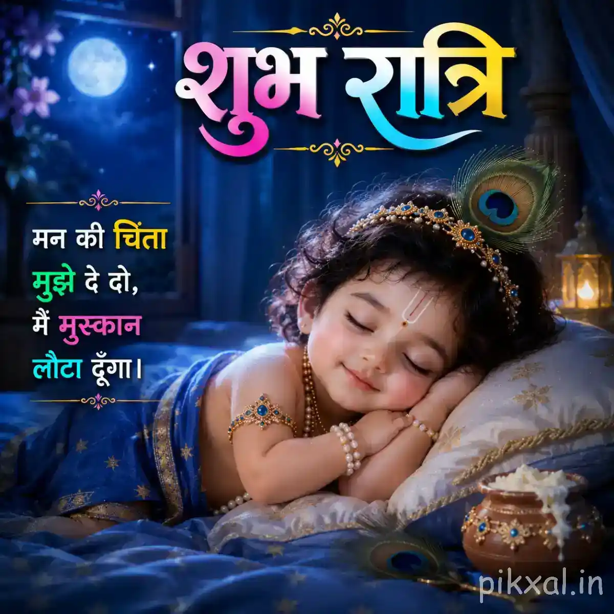 Bal Krishna sleeping peacefully on a soft blue cushion beneath the moonlight with his flute resting nearby.