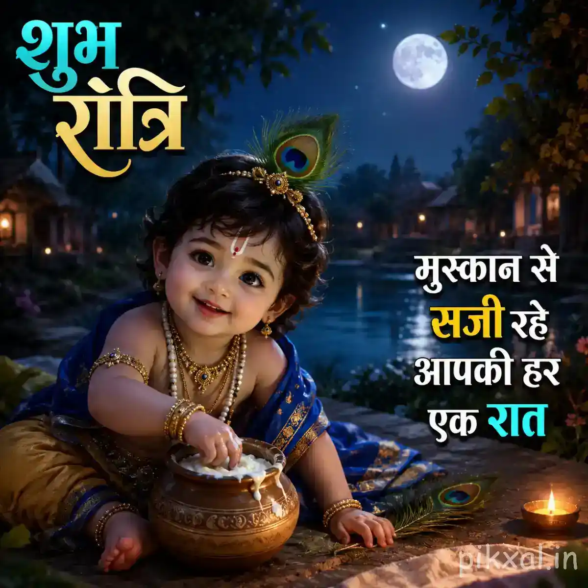 Bal Krishna sitting beside a decorated butter pot with a joyful smile, surrounded by soft nighttime lights.