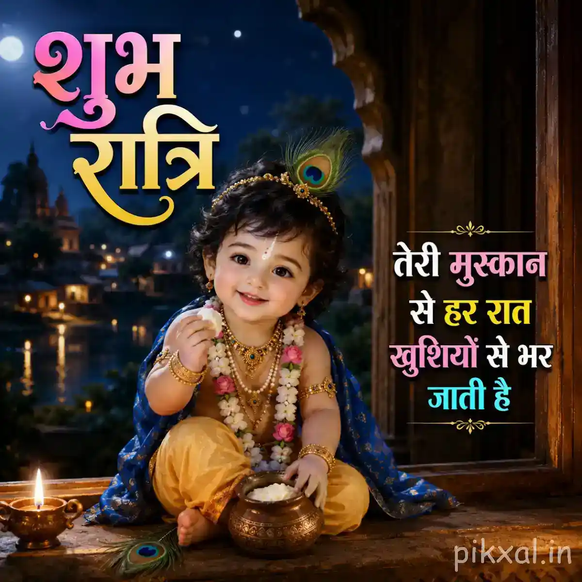 Bal Krishna sitting playfully beside a glowing oil lamp and decorated pot beneath a peaceful moonlit sky.