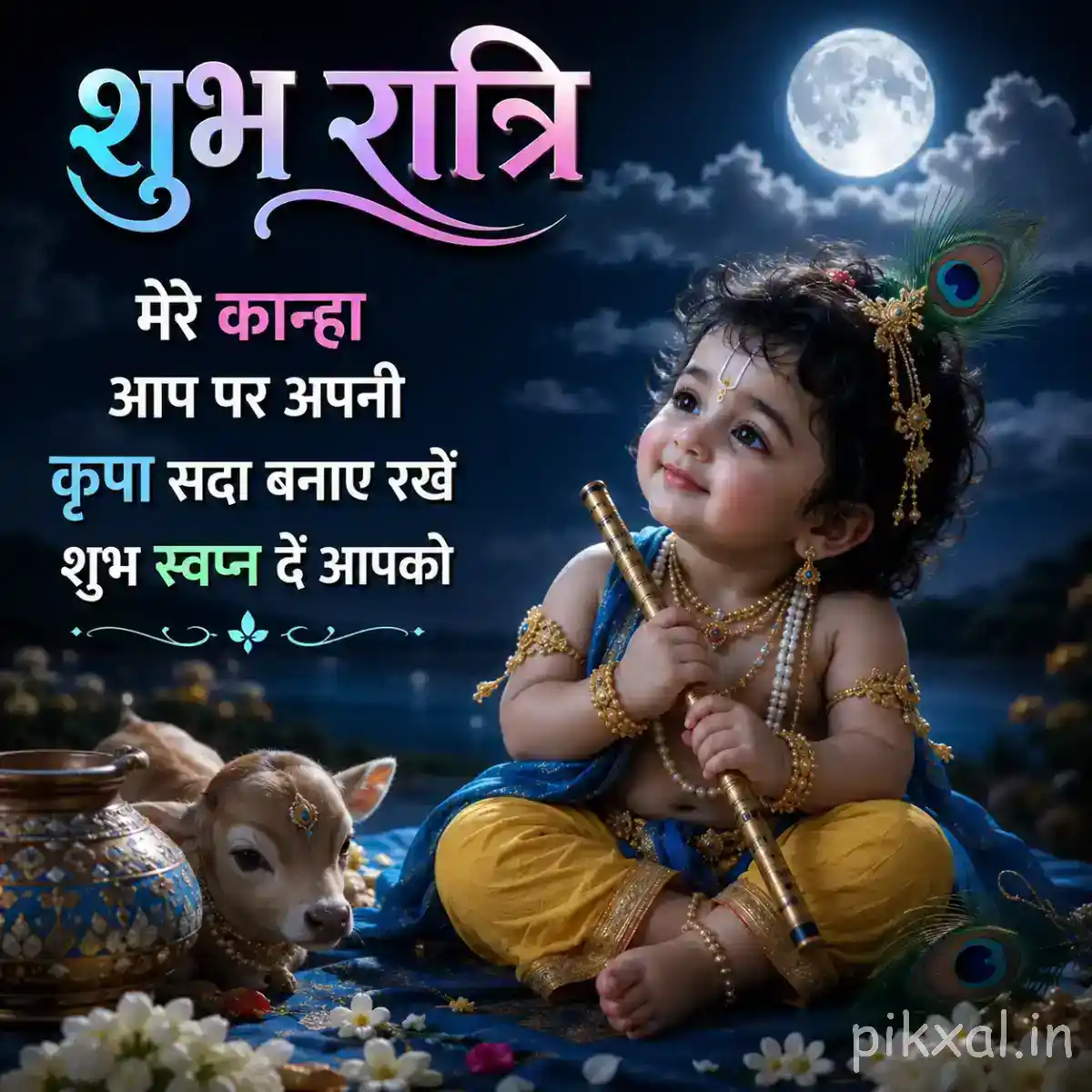 Bal Krishna sitting beside a calf and decorated butter pot beneath a bright full moon in a serene nighttime setting.