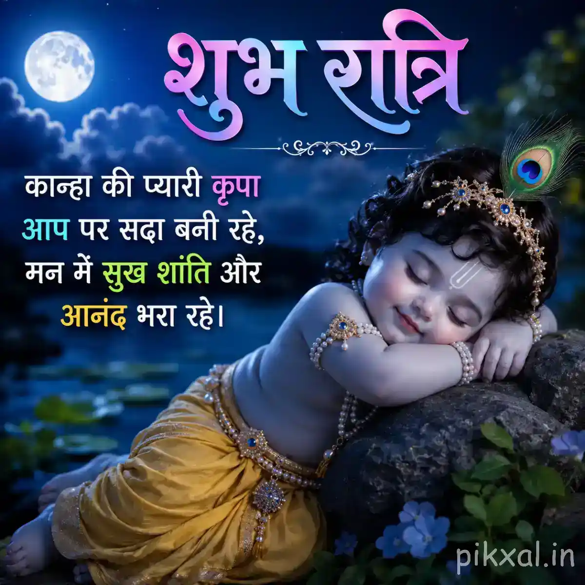Sleeping Bal Krishna resting peacefully on a soft cushion beside a flute and greenery under the moonlit sky.