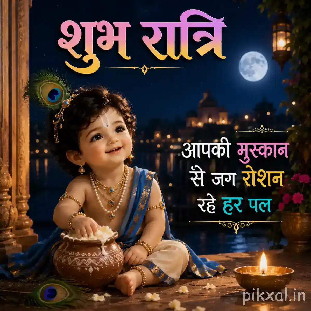 Bal Krishna sitting happily beside a decorated butter pot with a glowing lamp illuminating the peaceful night scene.