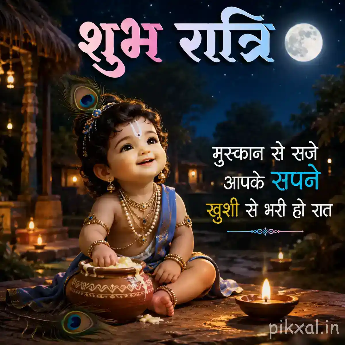 Bal Krishna smiling beside a decorated butter pot and glowing oil lamp in a tranquil nighttime setting.