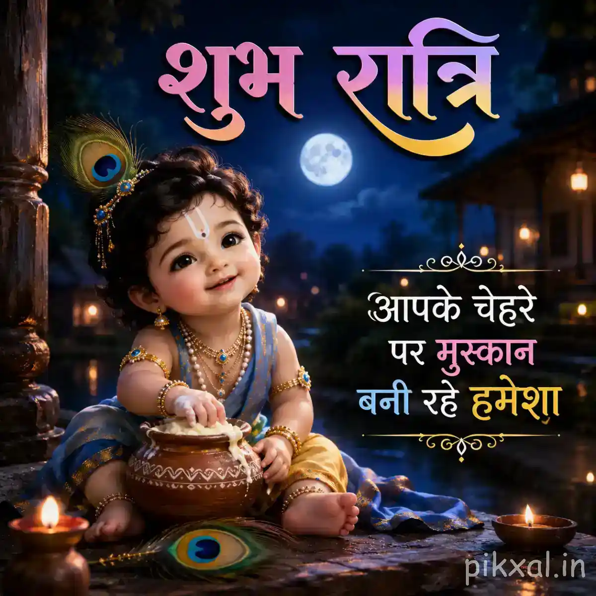 Bal Krishna sitting beside a butter pot with a gentle smile, illuminated by warm lamps and soft moonlight.
