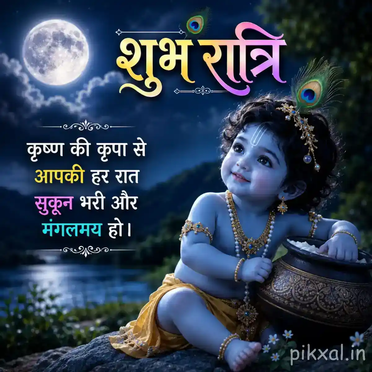 Bal Krishna reclining peacefully beside a glowing full moon with his flute resting near him.