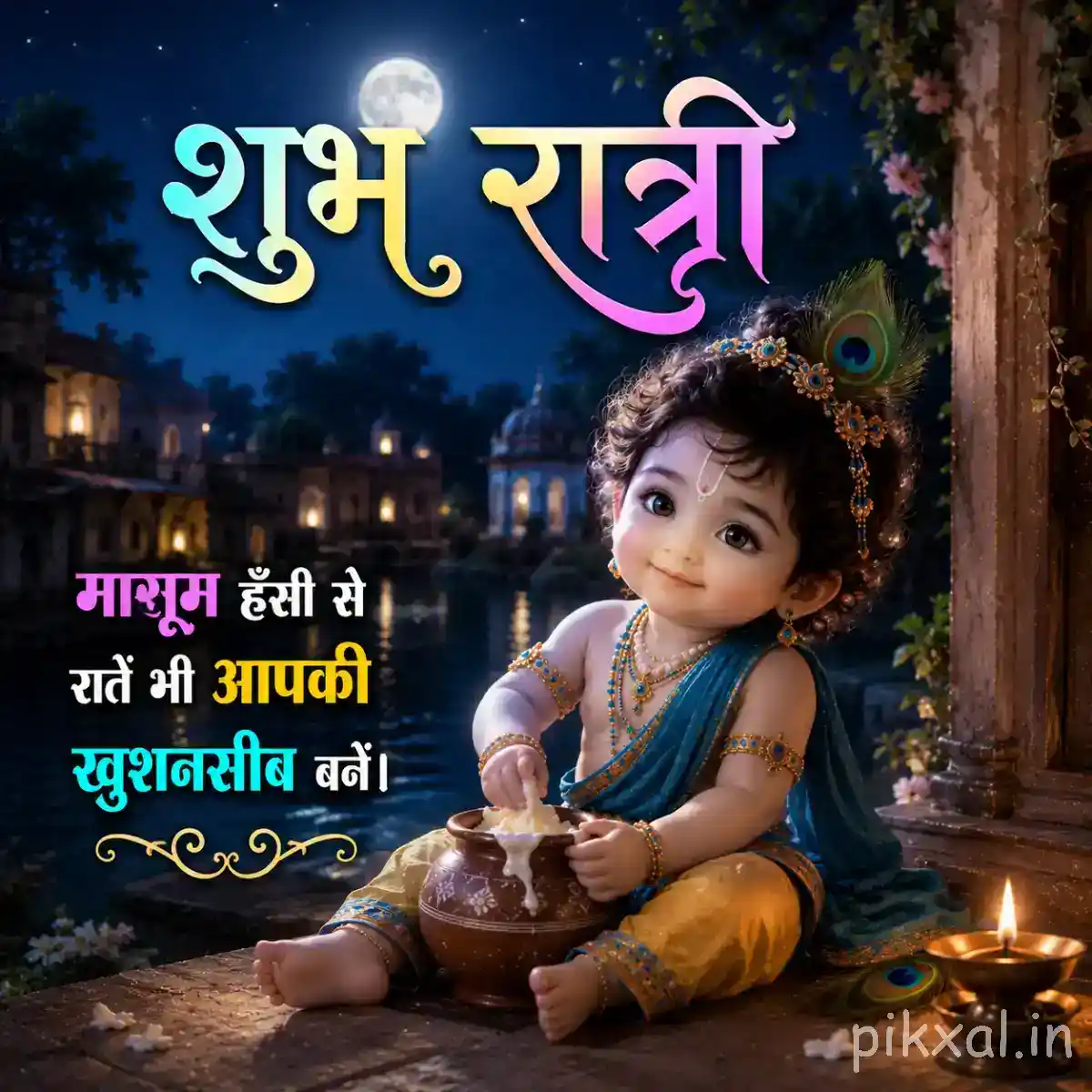 Bal Krishna sitting beside a decorated butter pot with a sweet smile, surrounded by warm lantern light.