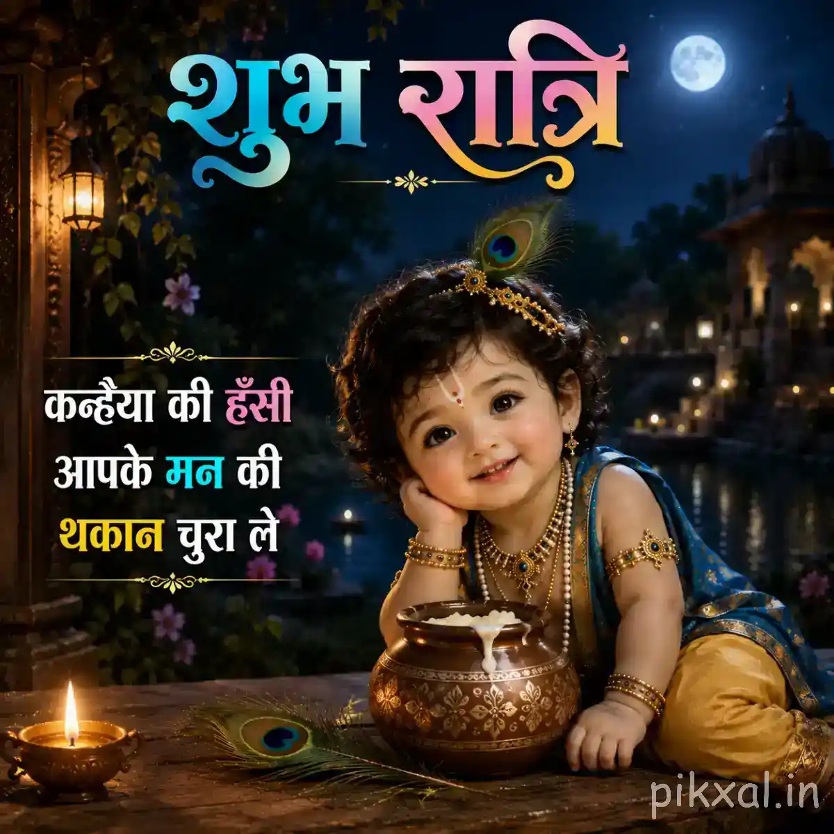 Bal Krishna sitting beside a decorated pot beneath the moonlight, with a warm oil lamp glowing nearby.