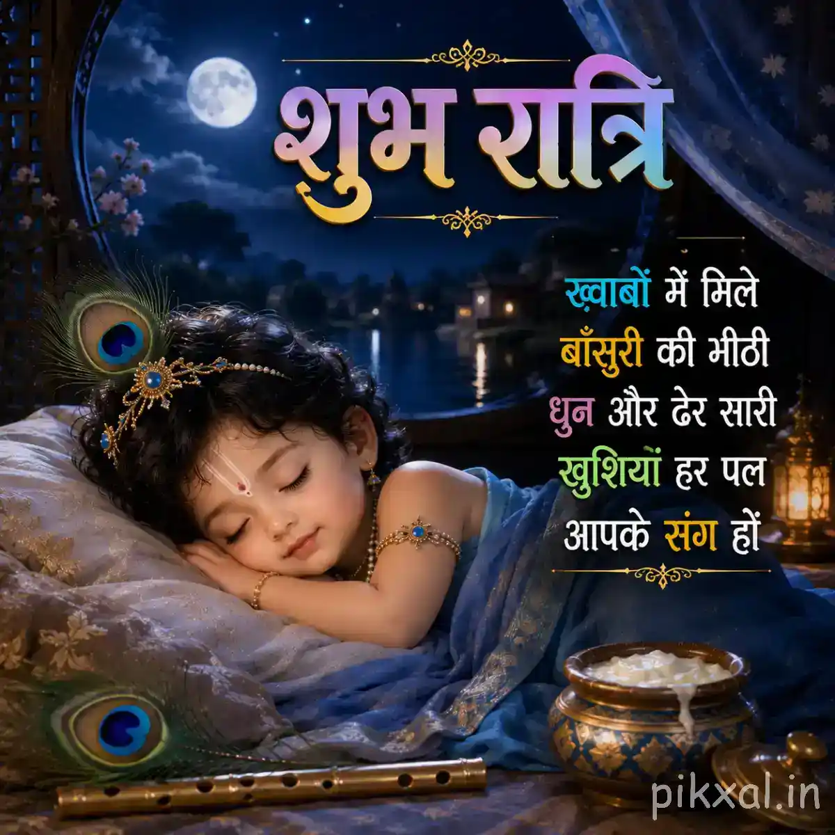Sleeping Bal Krishna resting on a blue cushion beside his flute and a decorated butter pot under the moonlit sky.