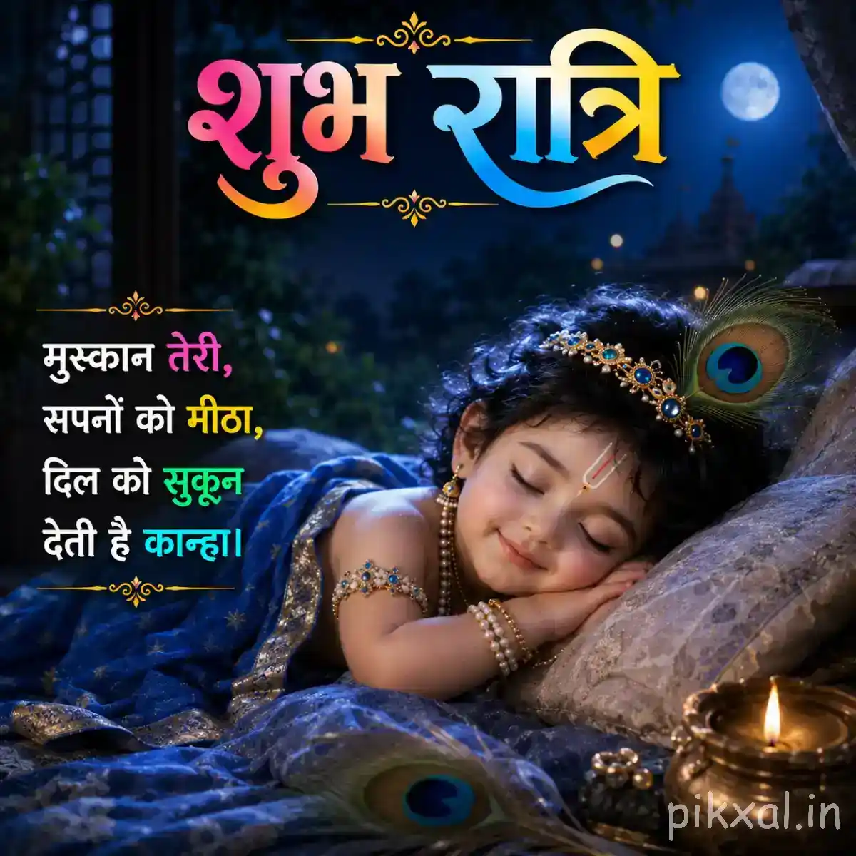 Sleeping Bal Krishna lying peacefully beneath the moonlight with his flute resting beside him.