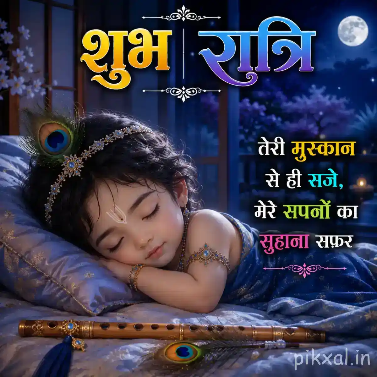 Sleeping Bal Krishna resting comfortably on a soft cushion with his flute nearby in a calm nighttime setting.
