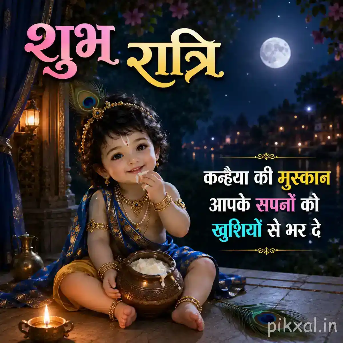Bal Krishna sitting peacefully beside a decorated butter pot with a glowing oil lamp under the moonlit sky.