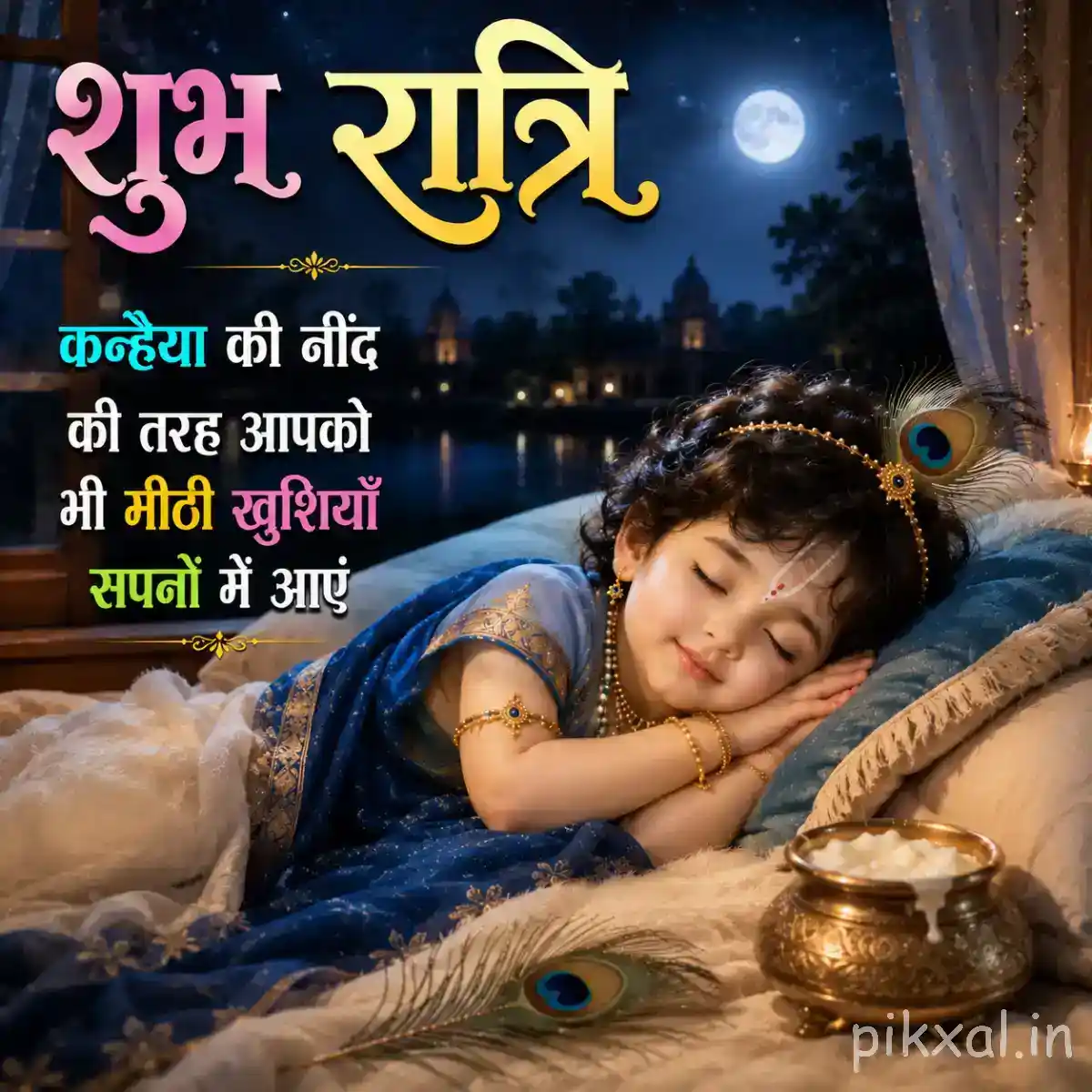 Sleeping Bal Krishna resting on a soft cushion with a peacock feather and decorated butter pot nearby.