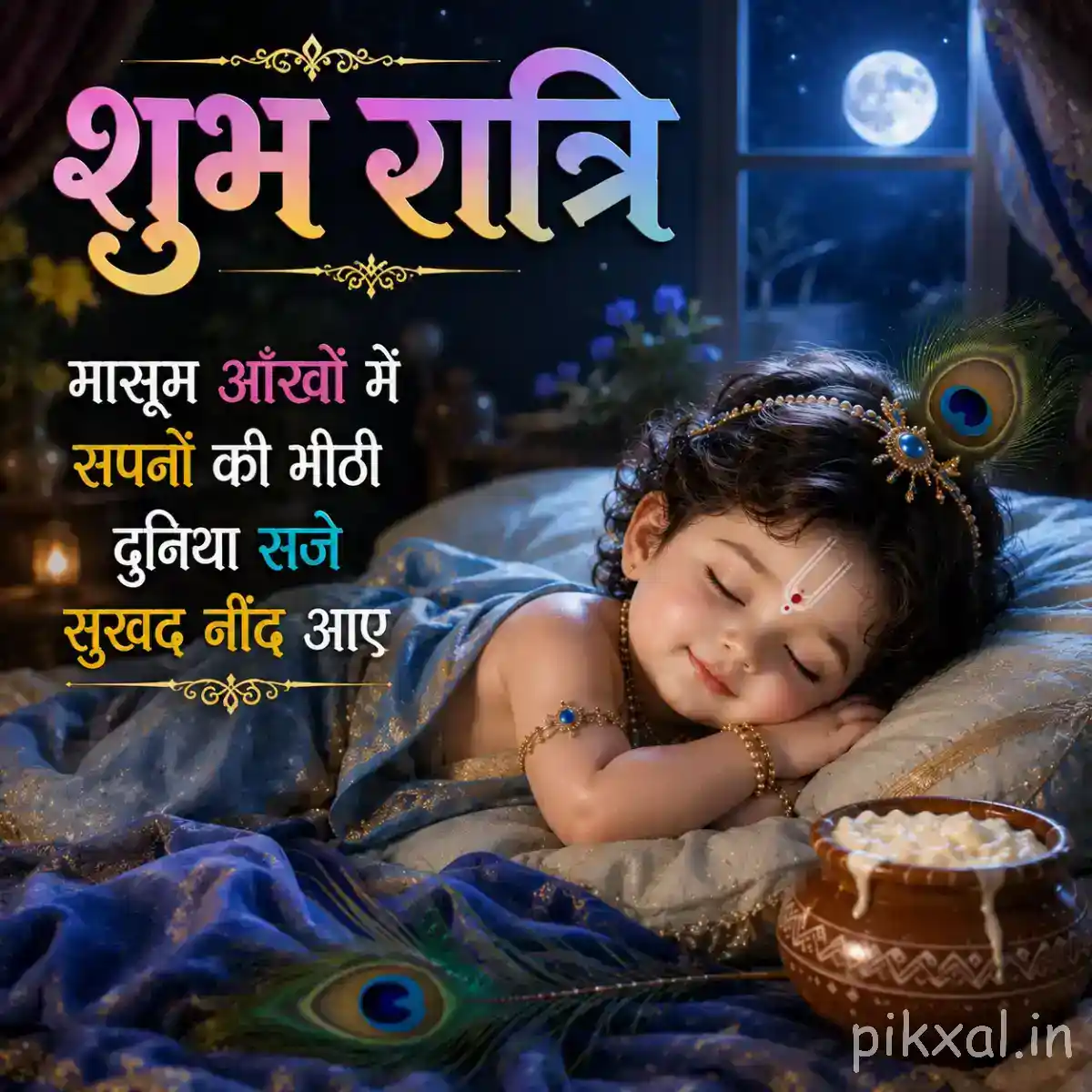 Sleeping Bal Krishna lying peacefully beneath the moonlight with peacock feathers and a decorated pot beside him.