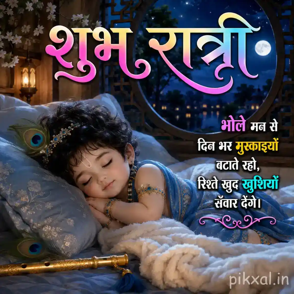 Sleeping Bal Krishna resting comfortably on a soft blue cushion with his flute and butter pot nearby.