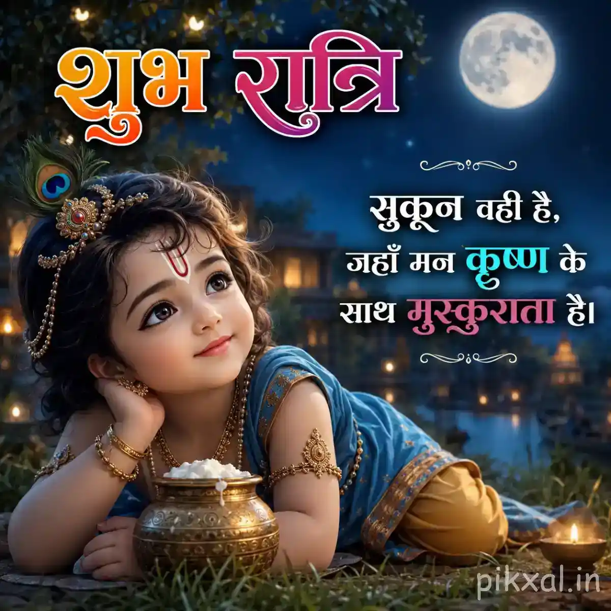 Bal Krishna resting his head on his hand beside a decorated butter pot under the bright moon.