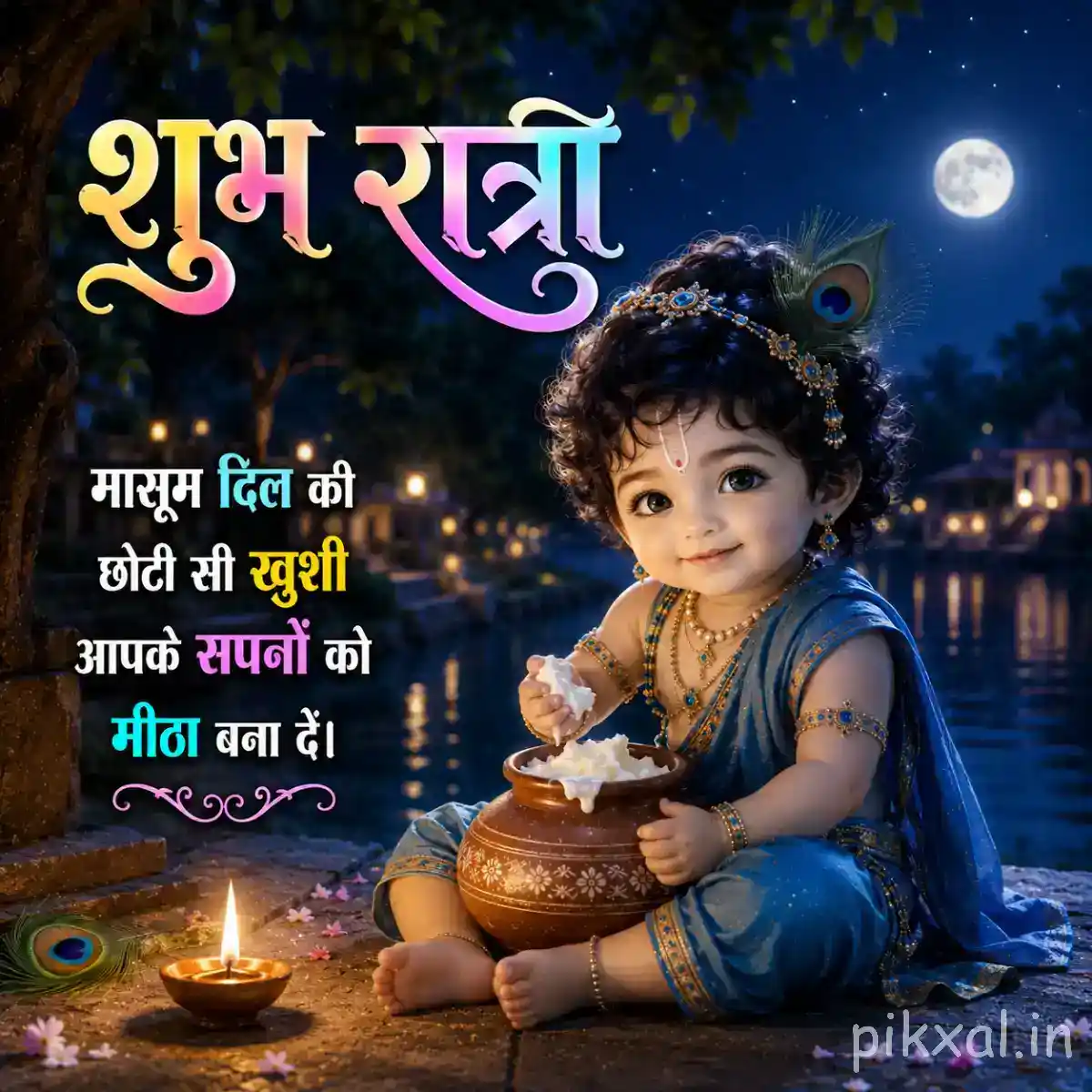 Bal Krishna smiling sweetly while sitting beside a butter pot and warm oil lamp beneath the moonlight.