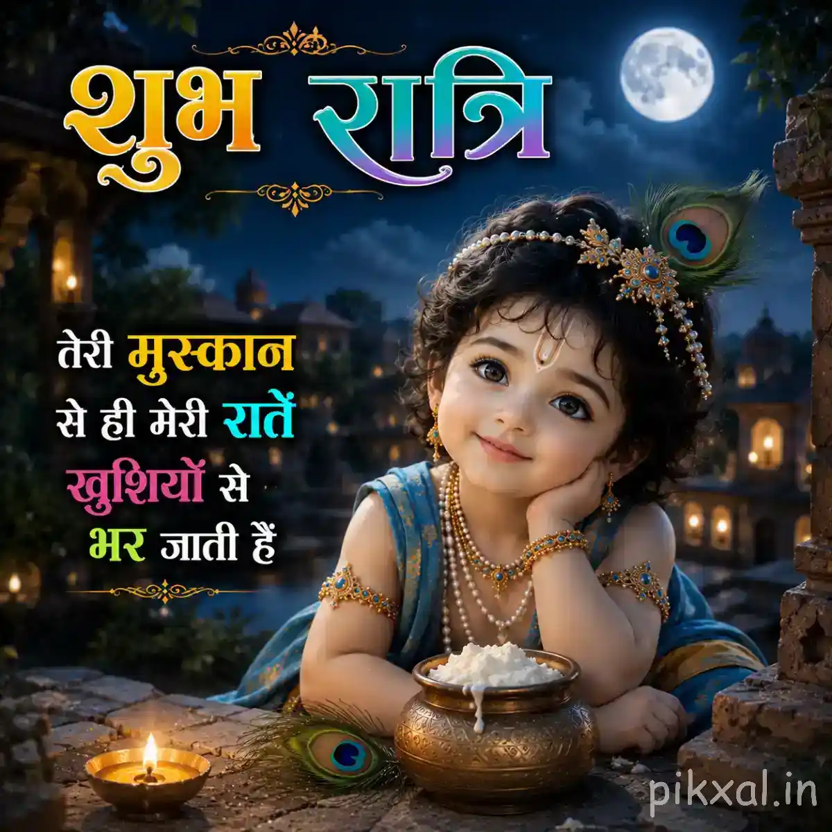 Bal Krishna sitting beside a decorated butter pot with a gentle smile and soft lamp light surrounding him.