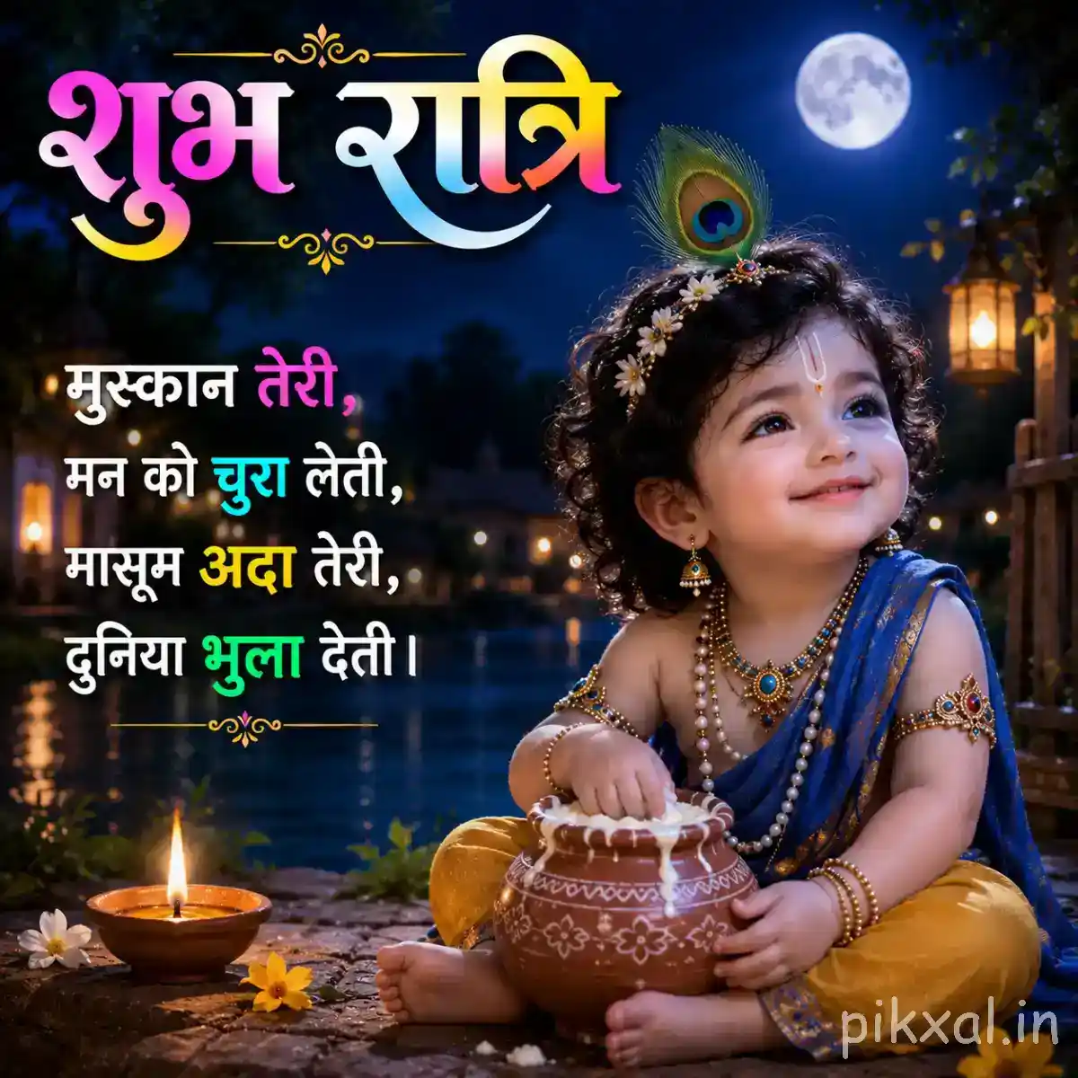 Bal Krishna sitting happily beside a decorated butter pot and glowing lamp beneath a serene moonlit sky.