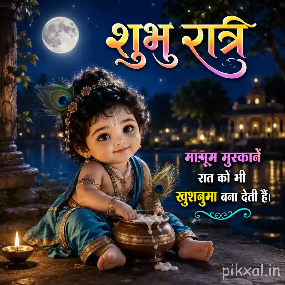 Bal Krishna smiling while sitting beside a decorated butter pot near a peaceful lakeside at night.