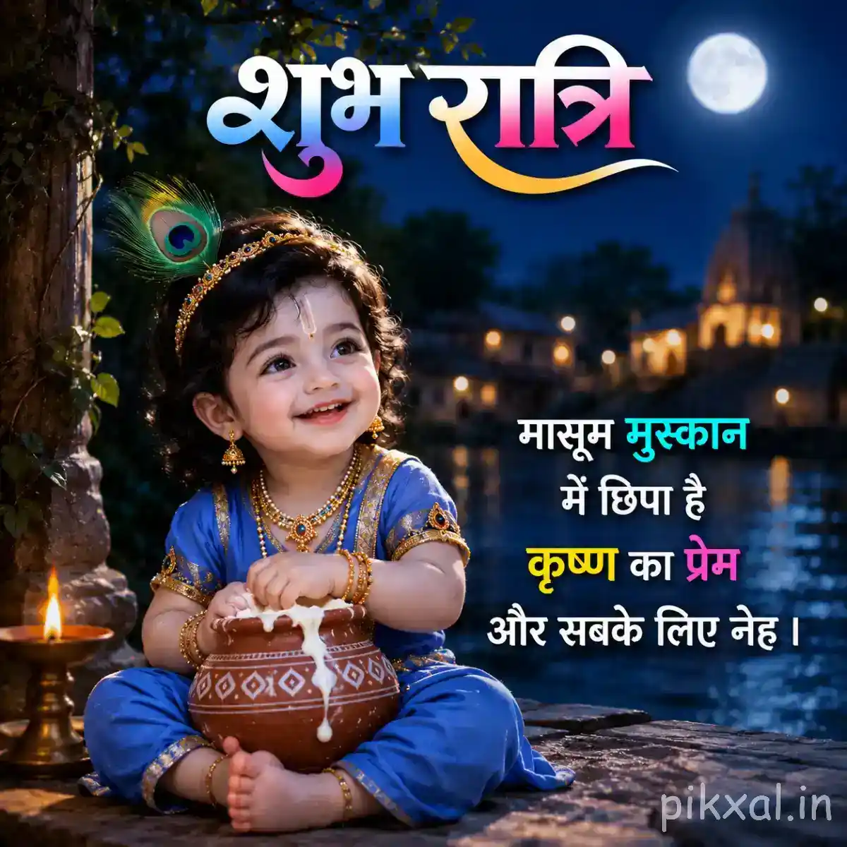 Bal Krishna sitting beside a decorated butter pot beneath the moonlight, surrounded by warm lamps and nighttime scenery.
