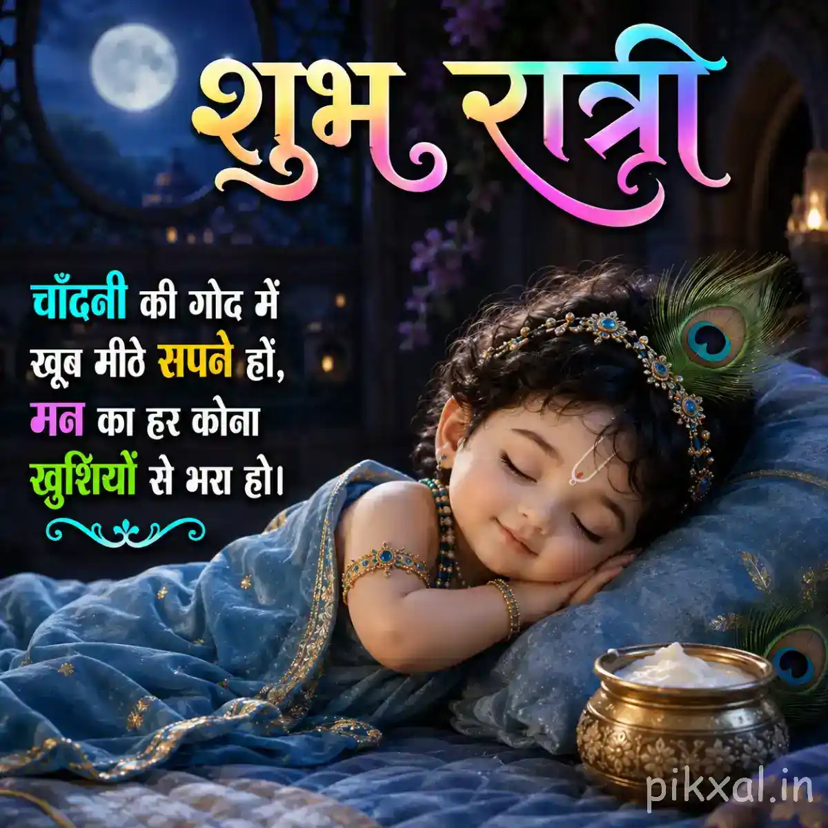 Sleeping Bal Krishna resting peacefully on a soft cushion beside a decorated butter pot and peacock feather.