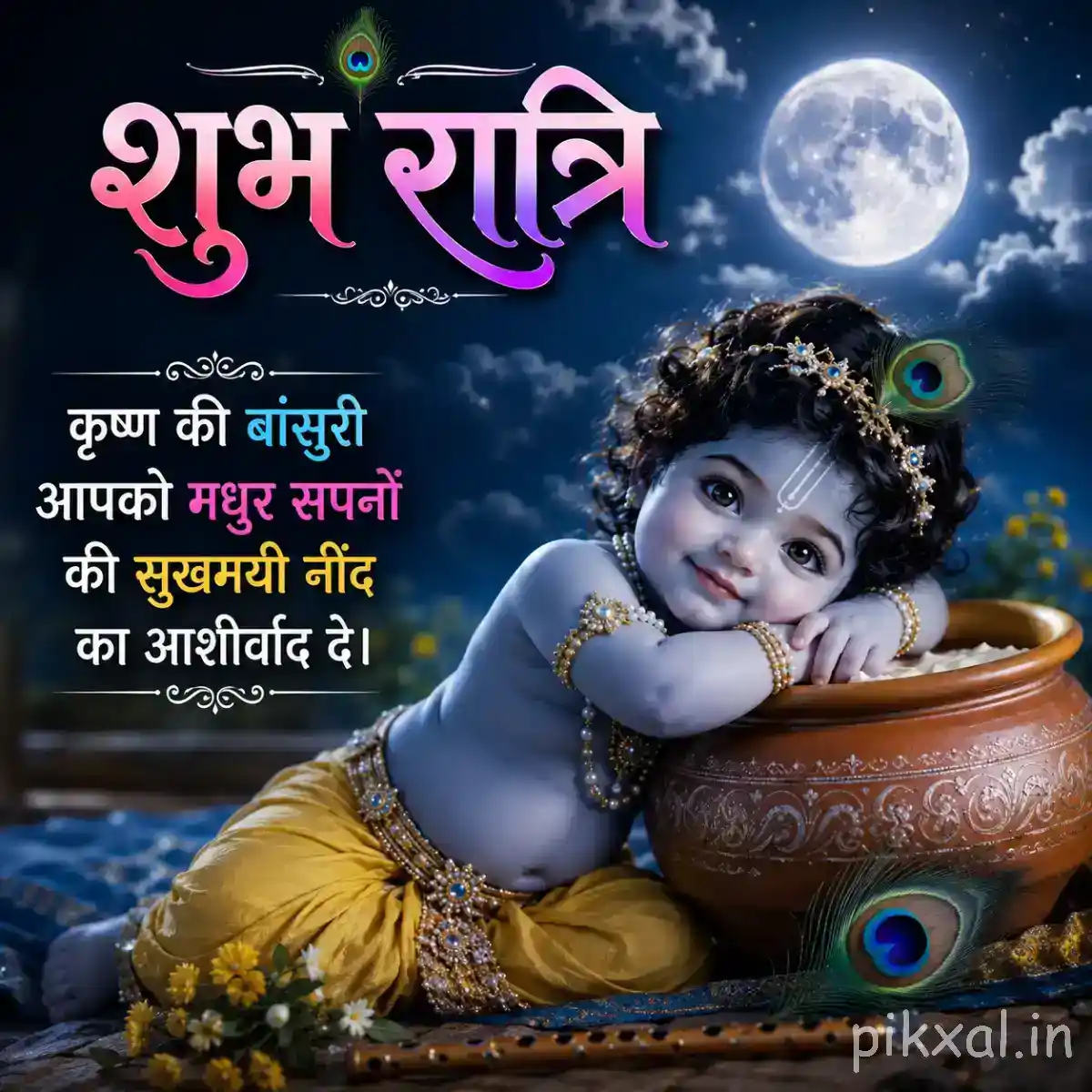 Bal Krishna lying peacefully beside a decorated butter pot beneath the glowing full moon.