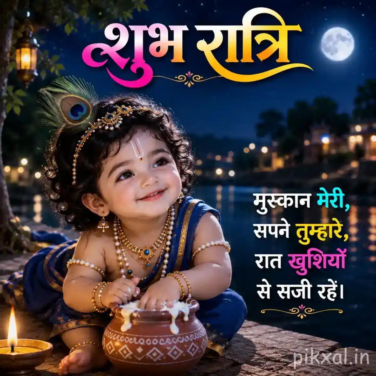 Bal Krishna sitting beside a decorated butter pot with a joyful smile and warm lamps illuminating the night.