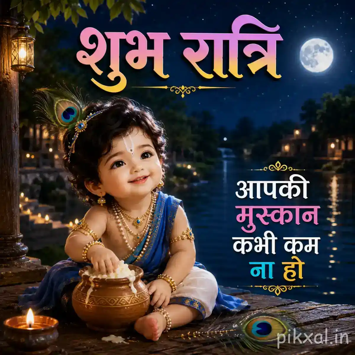 Bal Krishna smiling beside a decorated butter pot under the moonlit sky with soft nighttime lights around him.