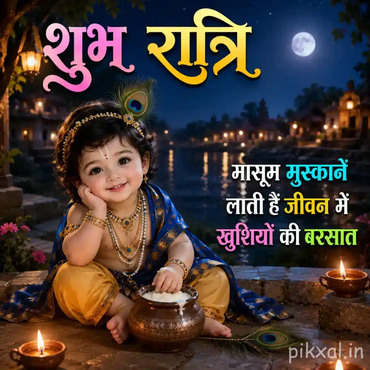 Bal Krishna sitting happily beside a butter pot with a warm oil lamp glowing nearby in a peaceful night scene.
