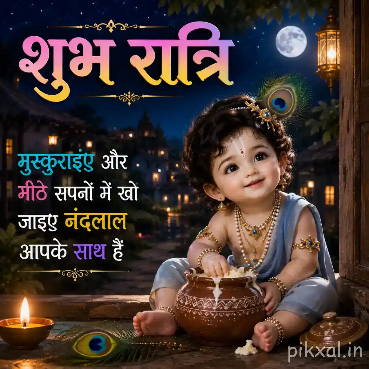 Bal Krishna sitting beside a decorated butter pot with a sweet smile beneath the moonlit nighttime sky.