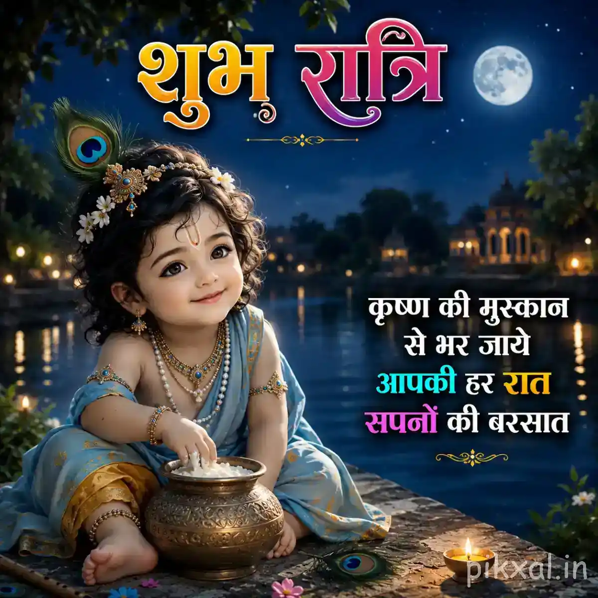 Bal Krishna sitting beside a brass butter pot surrounded by soft lamps and peaceful nighttime scenery.
