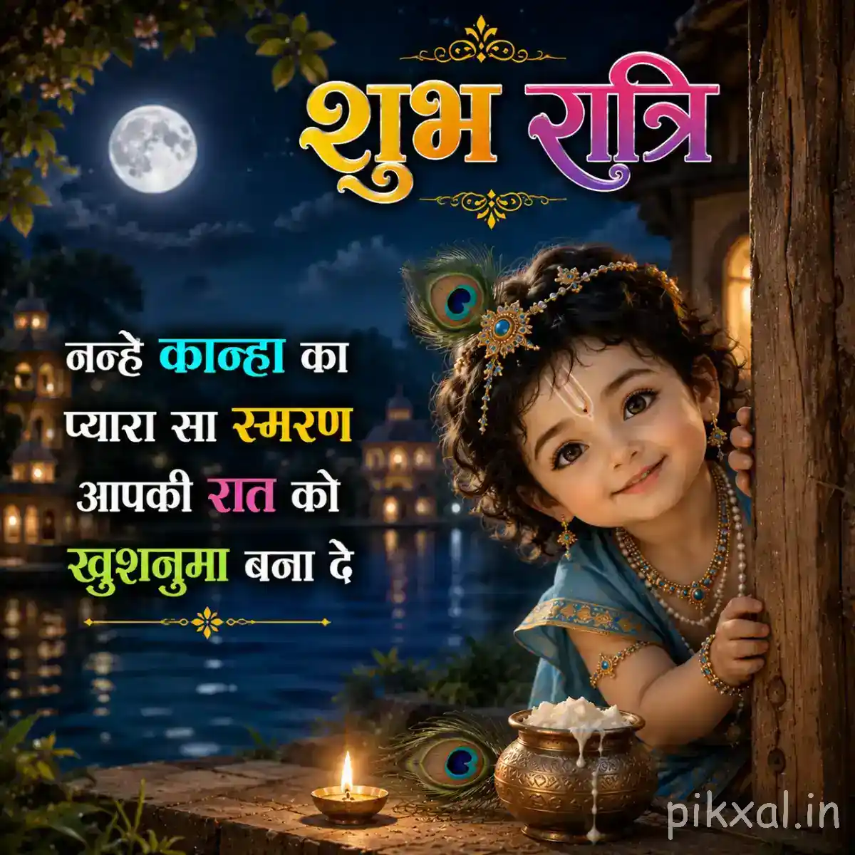 Bal Krishna sitting beside a decorated butter pot near the water, with moonlight and a glowing lamp nearby.