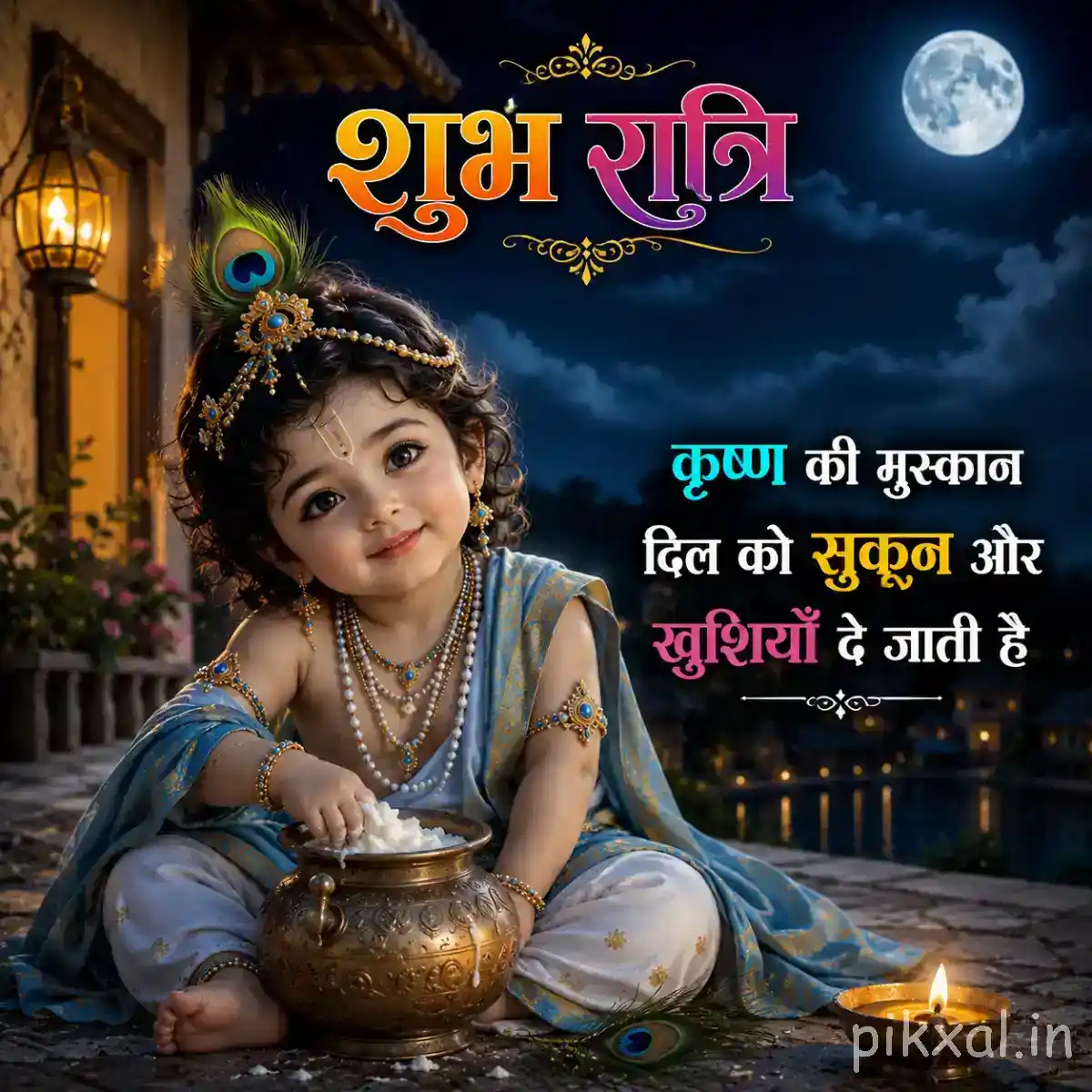 Bal Krishna sitting peacefully beside a butter pot and oil lamp beneath the moonlit sky.