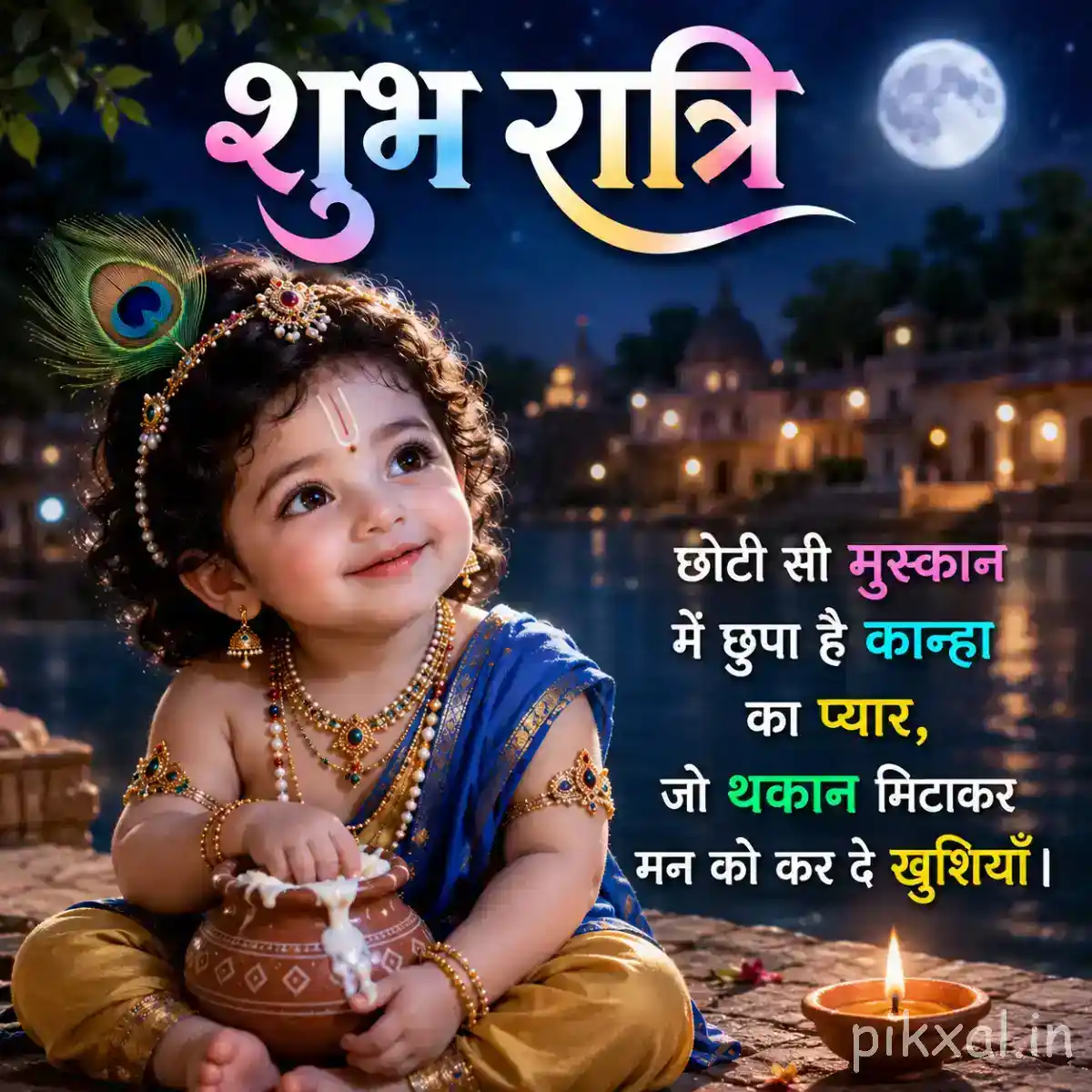 Bal Krishna smiling sweetly beside a decorated butter pot with a peacock feather and warm nighttime glow.
