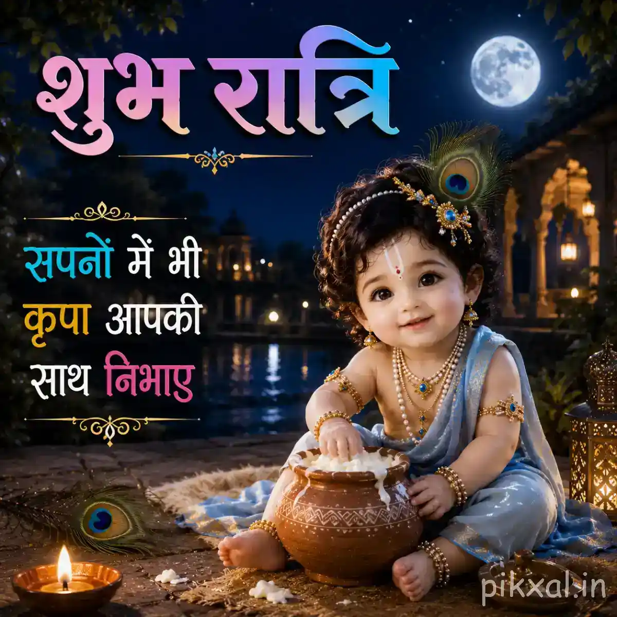 Bal Krishna sitting beside a butter pot beneath the moonlight, surrounded by glowing lamps and peaceful scenery.