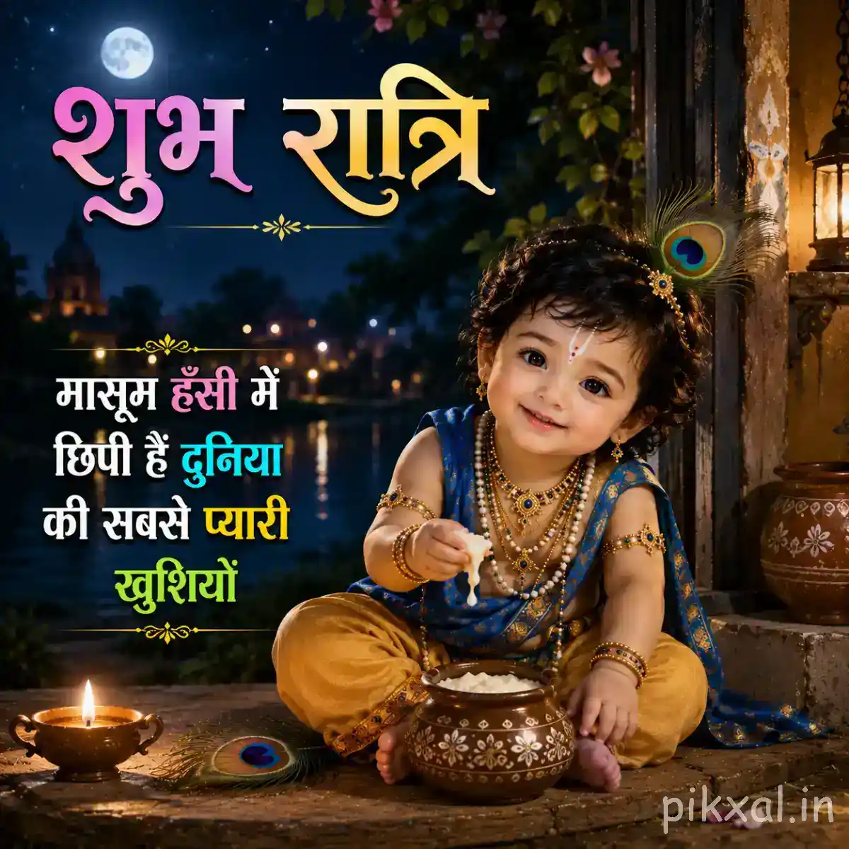Bal Krishna sitting happily beside a decorated butter pot with a gentle smile in a calm nighttime setting.