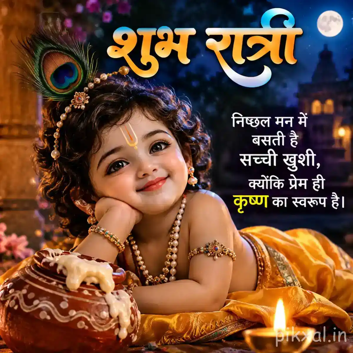 Good Night Bal Krishna Images &ndash; little Krishna smiling beside a matki under the moonlit night sky