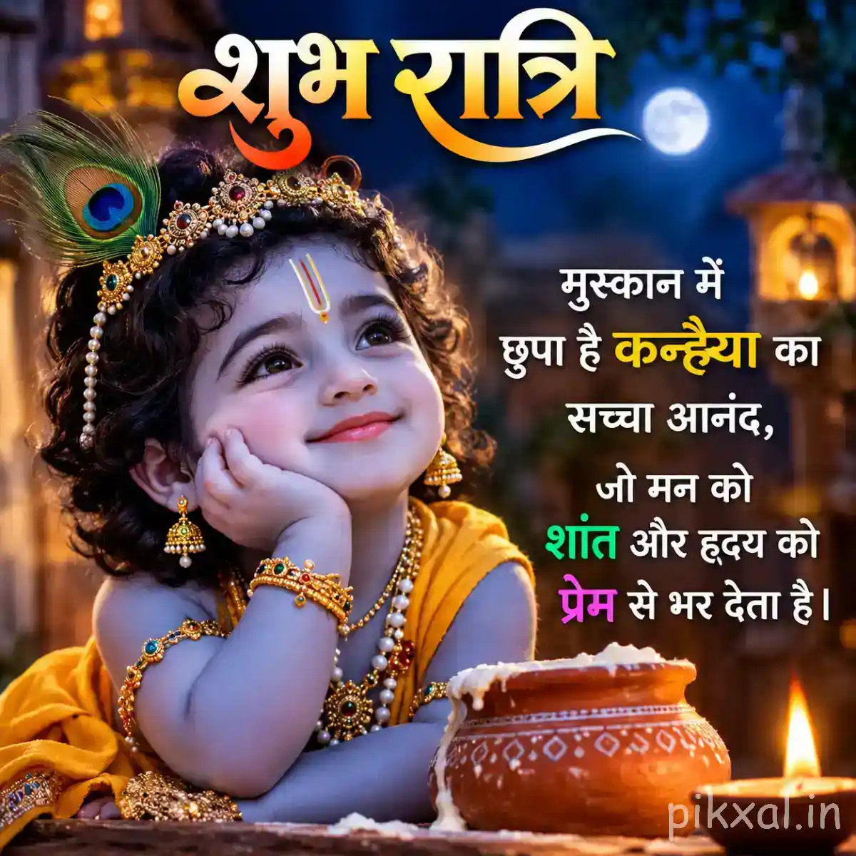 Little Bal Krishna resting his face on his hand beside a butter pot with a peaceful night background