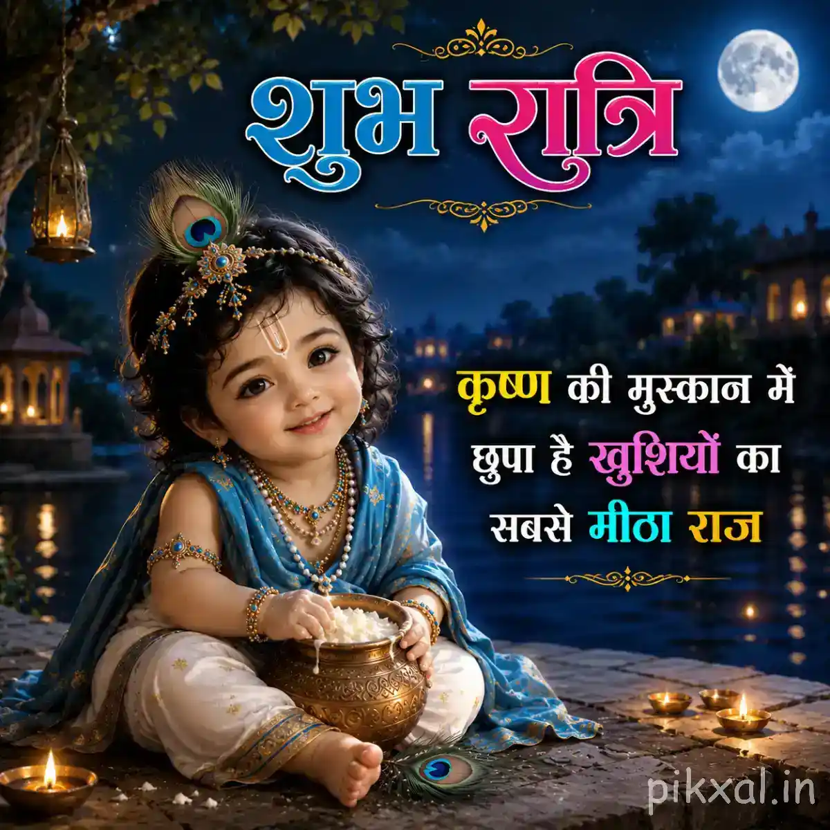 Bal Krishna sitting beside a matki under the moonlight with a sweet good night message