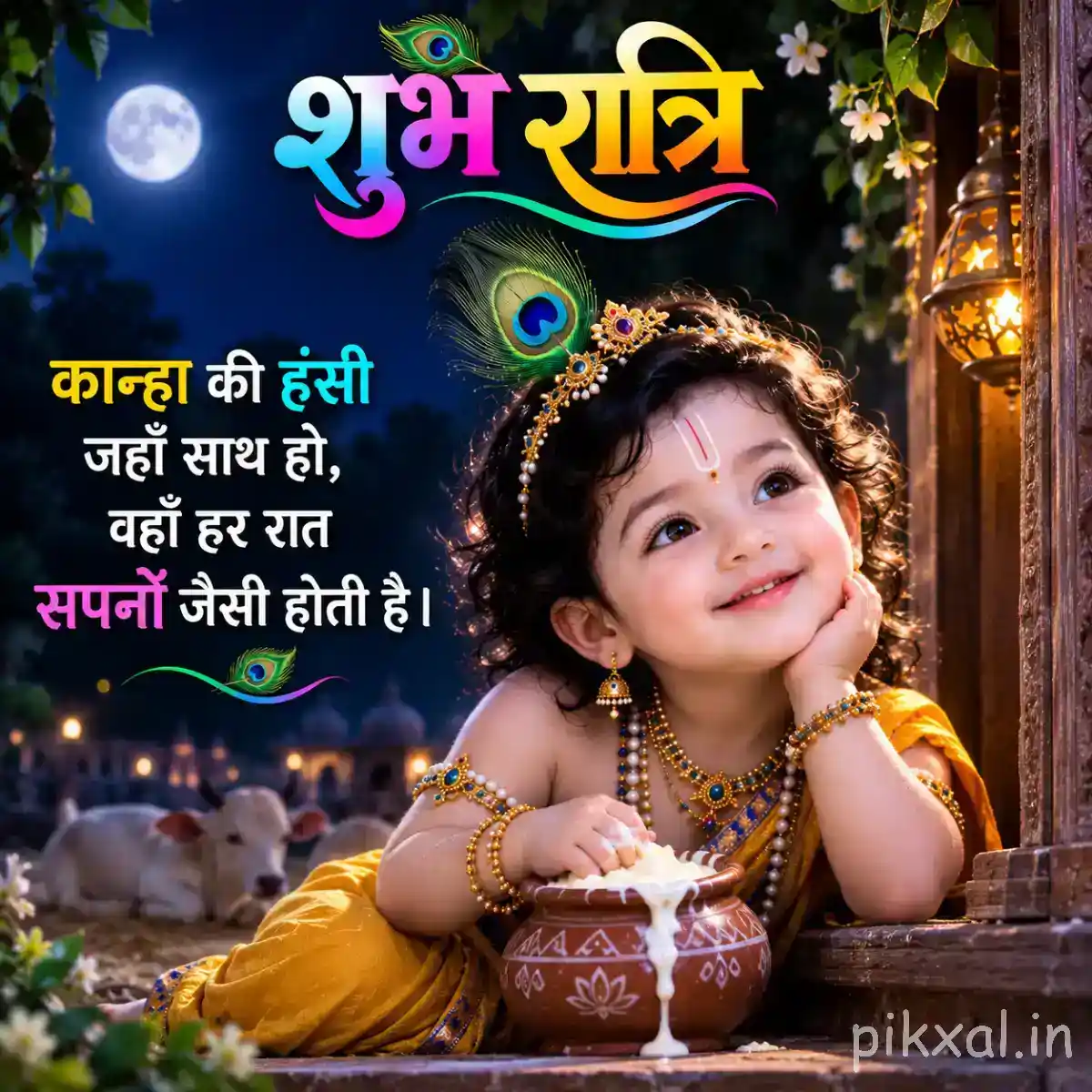 Little Krishna smiling near a butter pot surrounded by peacock feathers and glowing lamps