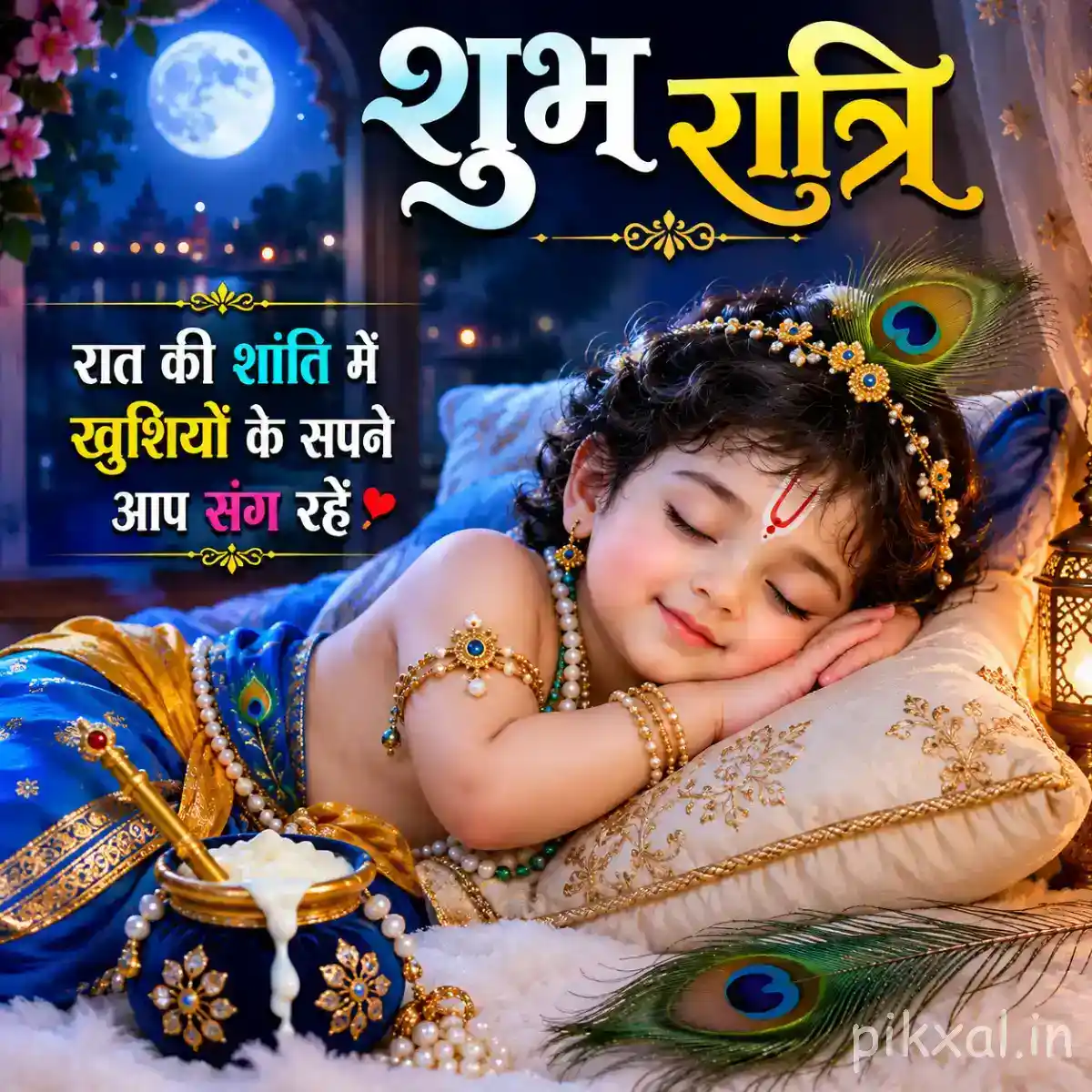 Sleeping Bal Krishna resting peacefully on a soft pillow with peacock feathers under the moon