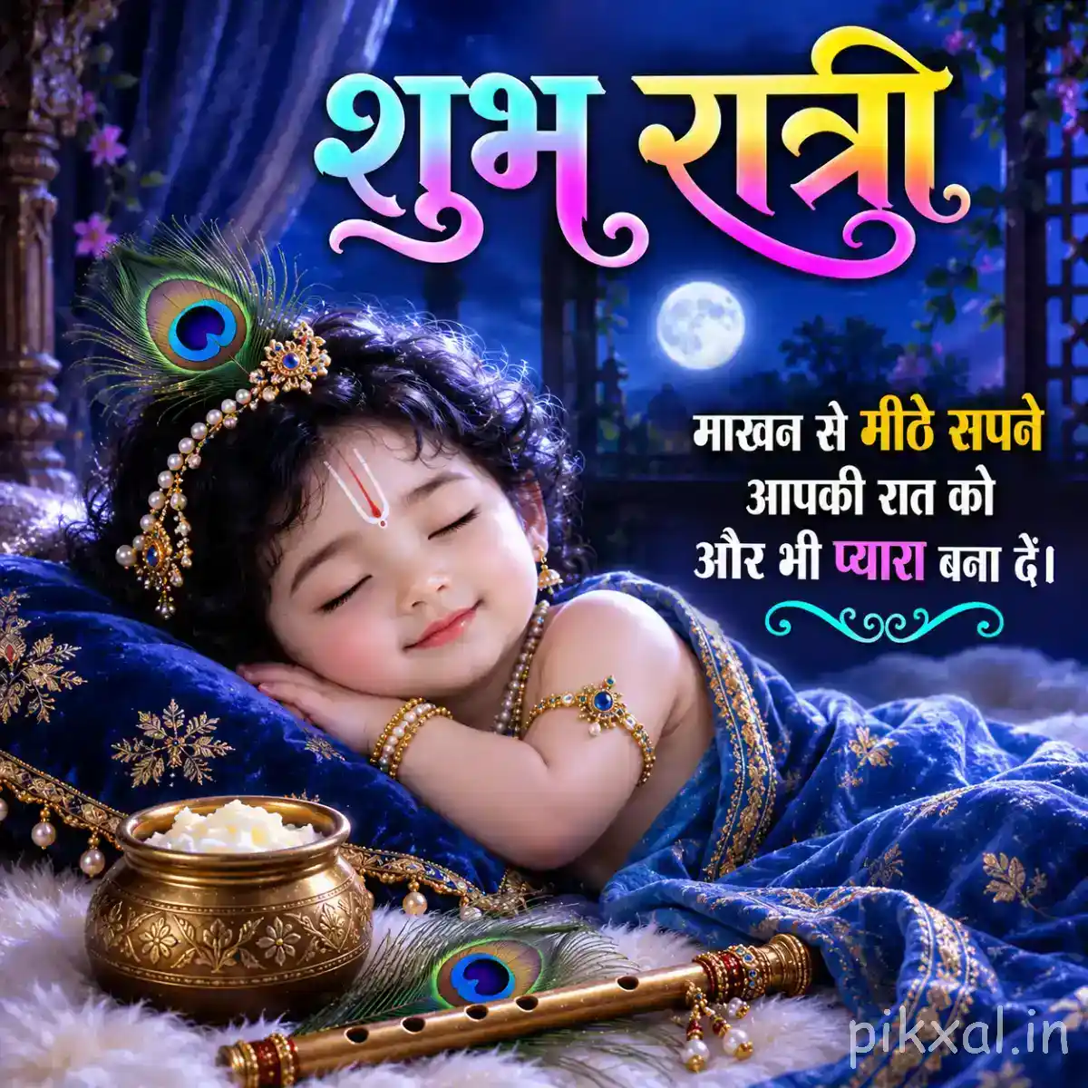 Little Krishna sleeping comfortably on blue bedding with a peacock feather and moonlit sky