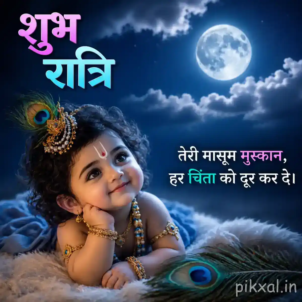 Bal Krishna smiling gently while resting on peacock feathers under a cloudy moonlit sky