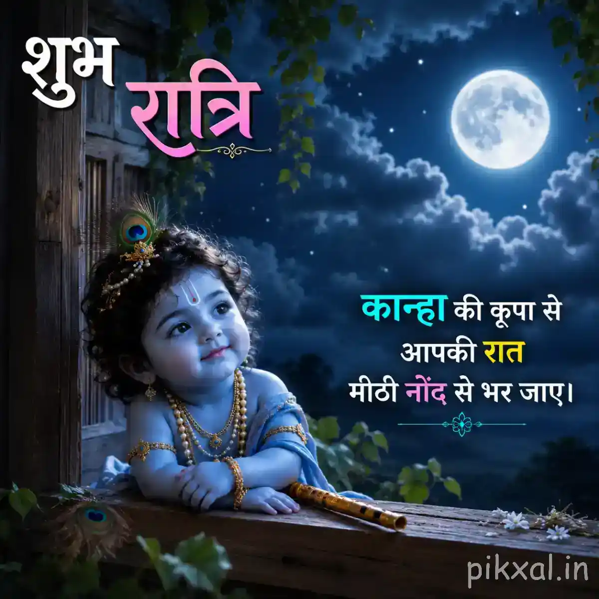 Good Night Bal Krishna Images &ndash; little Krishna resting beside his flute under the peaceful night moon