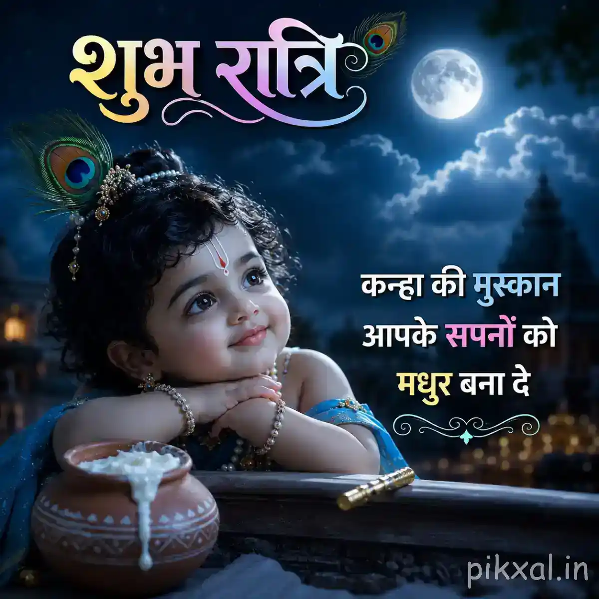 Bal Krishna sitting sweetly beside a butter pot with a warm lamp and शुभ रात्रि greeting