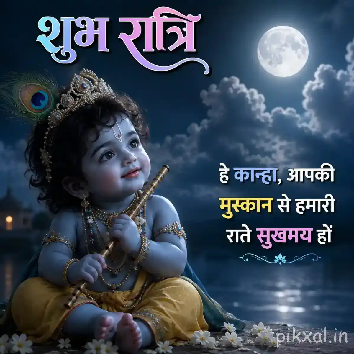 Bal Krishna sitting peacefully beside his flute and butter pot in a serene moonlit setting